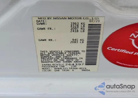 2020 Nissan Altima Sr из США, поврежденный, VIN 1N4BL4CV1LC264397